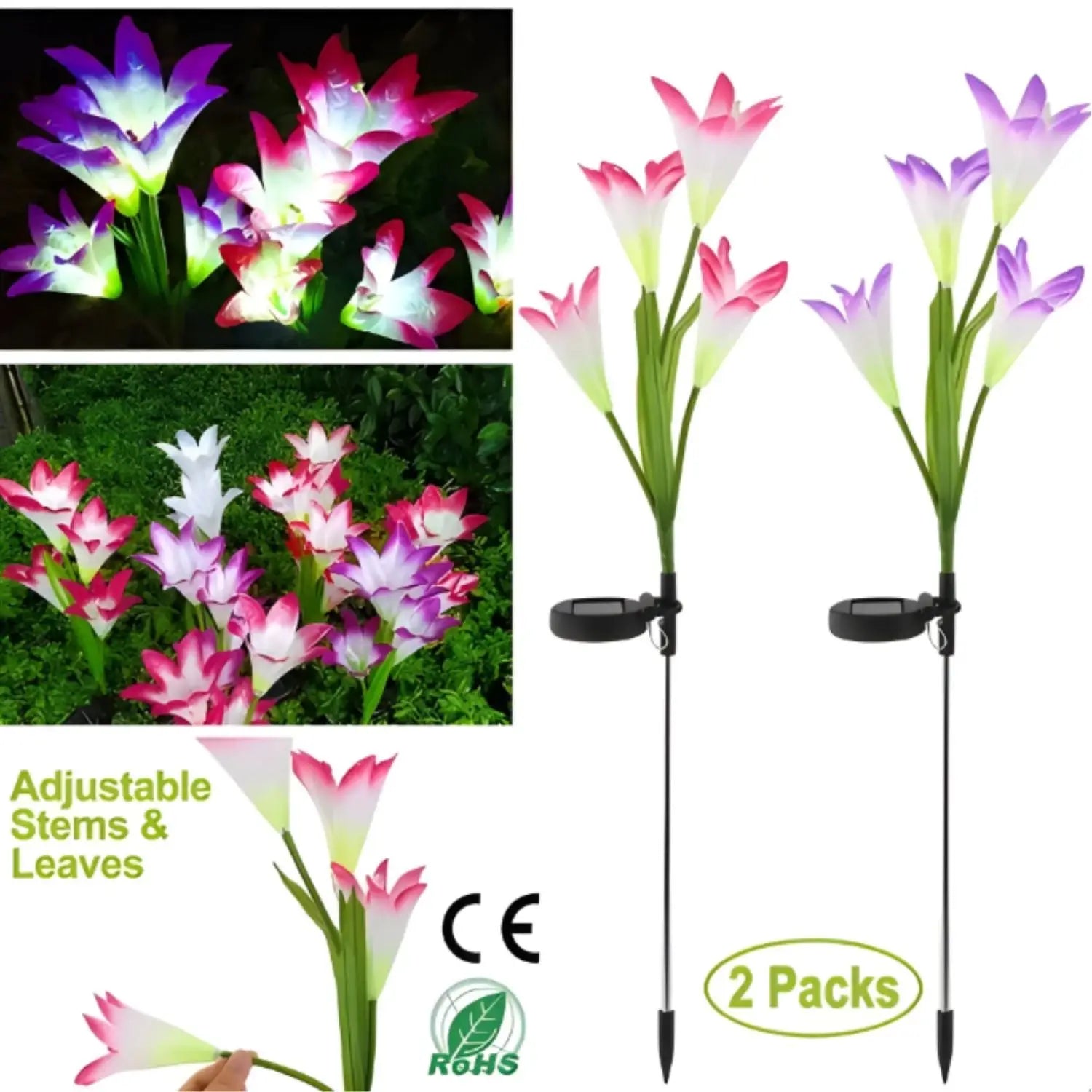 2PCS Color Changing LED Lily Solar Lights Garden with Waterproof - Pink Purple - 2 Packs - Solar Light