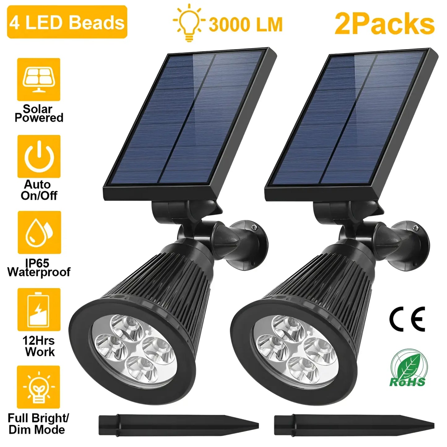 2Pcs Solar Spotlight Outdoor Dusk To Dawn Light Wall Path Lawn Garden Lamp Waterproof - Black - Solar Lights