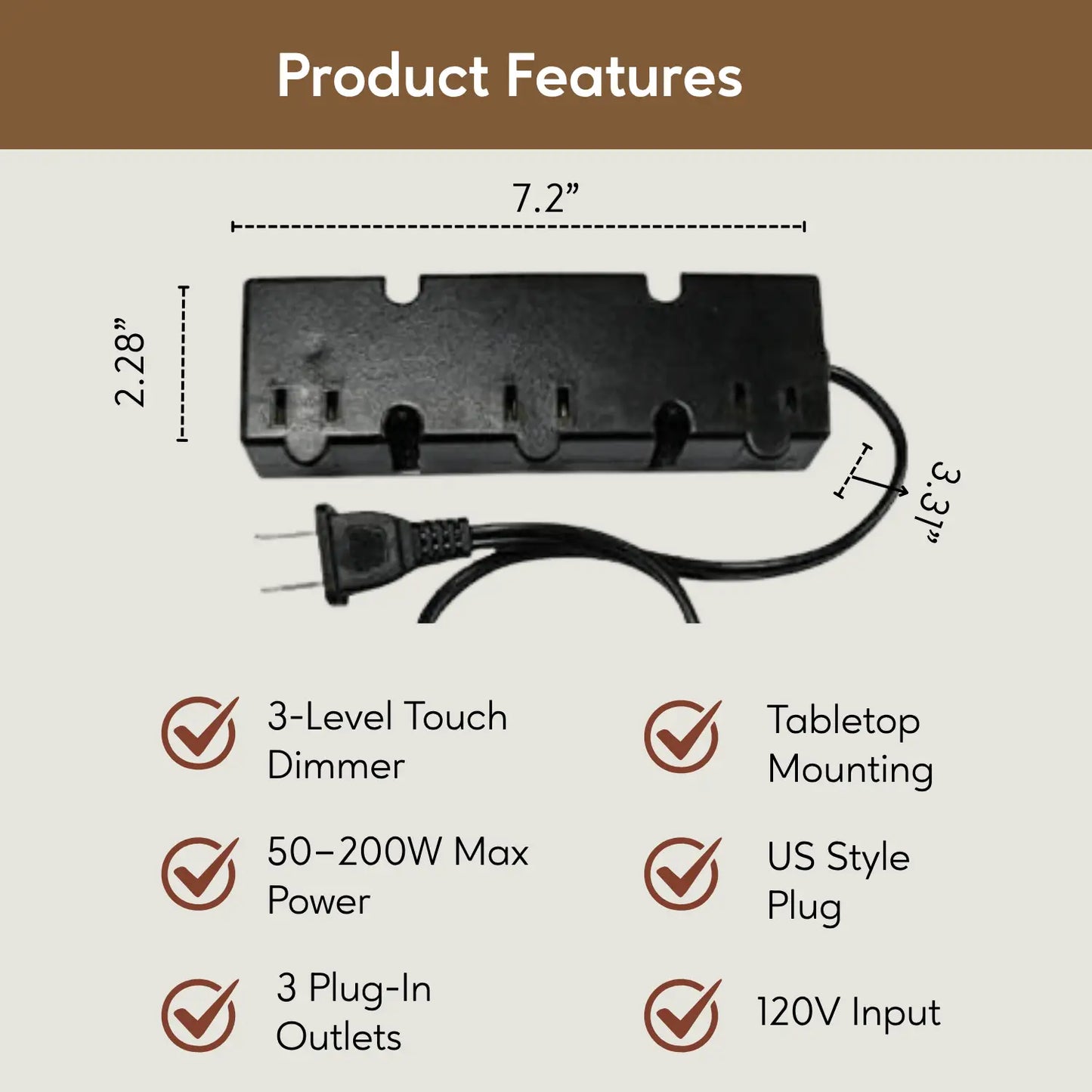 3 Level touch Light Dimmer with 3 Plug - Receptacles 120V - Transformer
