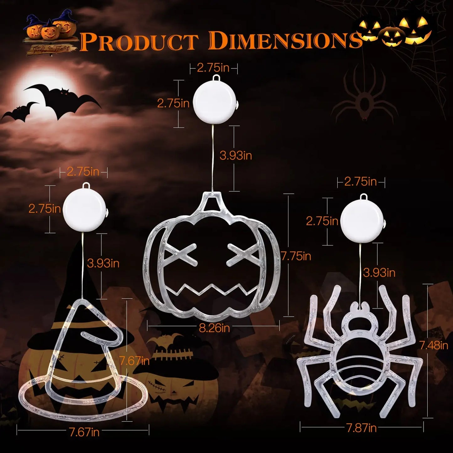 3 Pack Halloween Lights Battery Operated – Pumpkin Witch Hat & Spider - Transparent - Decorative Lights