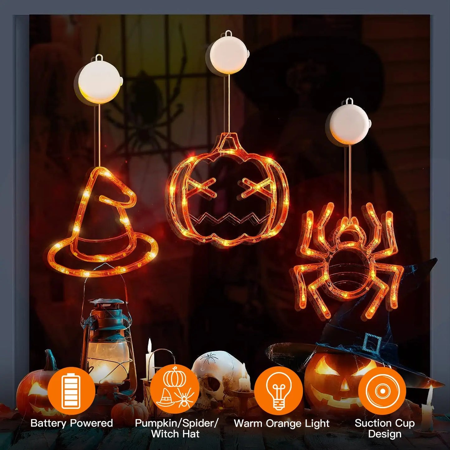 3 Pack Halloween Lights Battery Operated – Pumpkin Witch Hat & Spider - Transparent - Decorative Lights