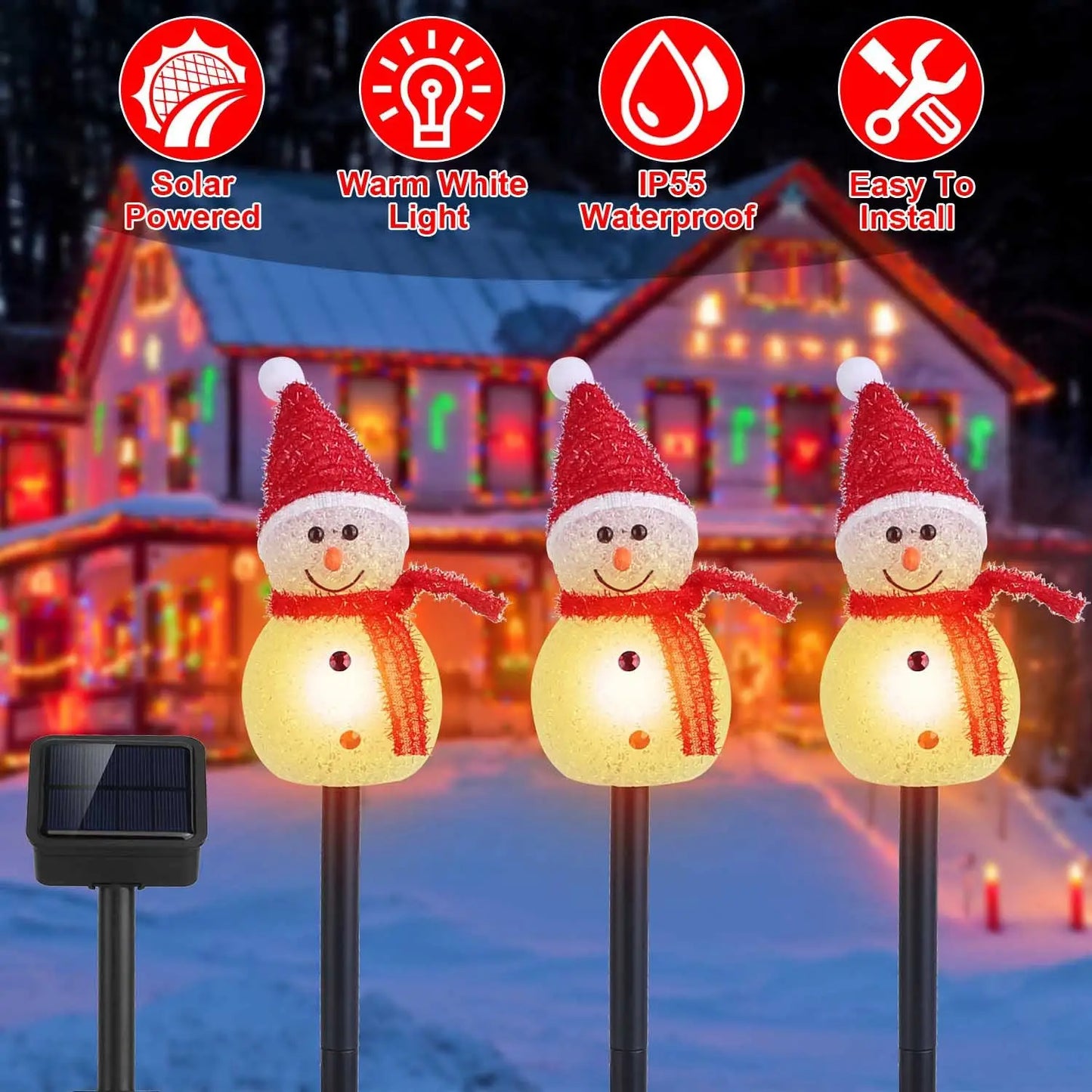3-Pack Outdoor Christmas Light Solar Snowman Stake | IP55 Waterproof LED Pathway Lamp - Snowman - Decorative Lights
