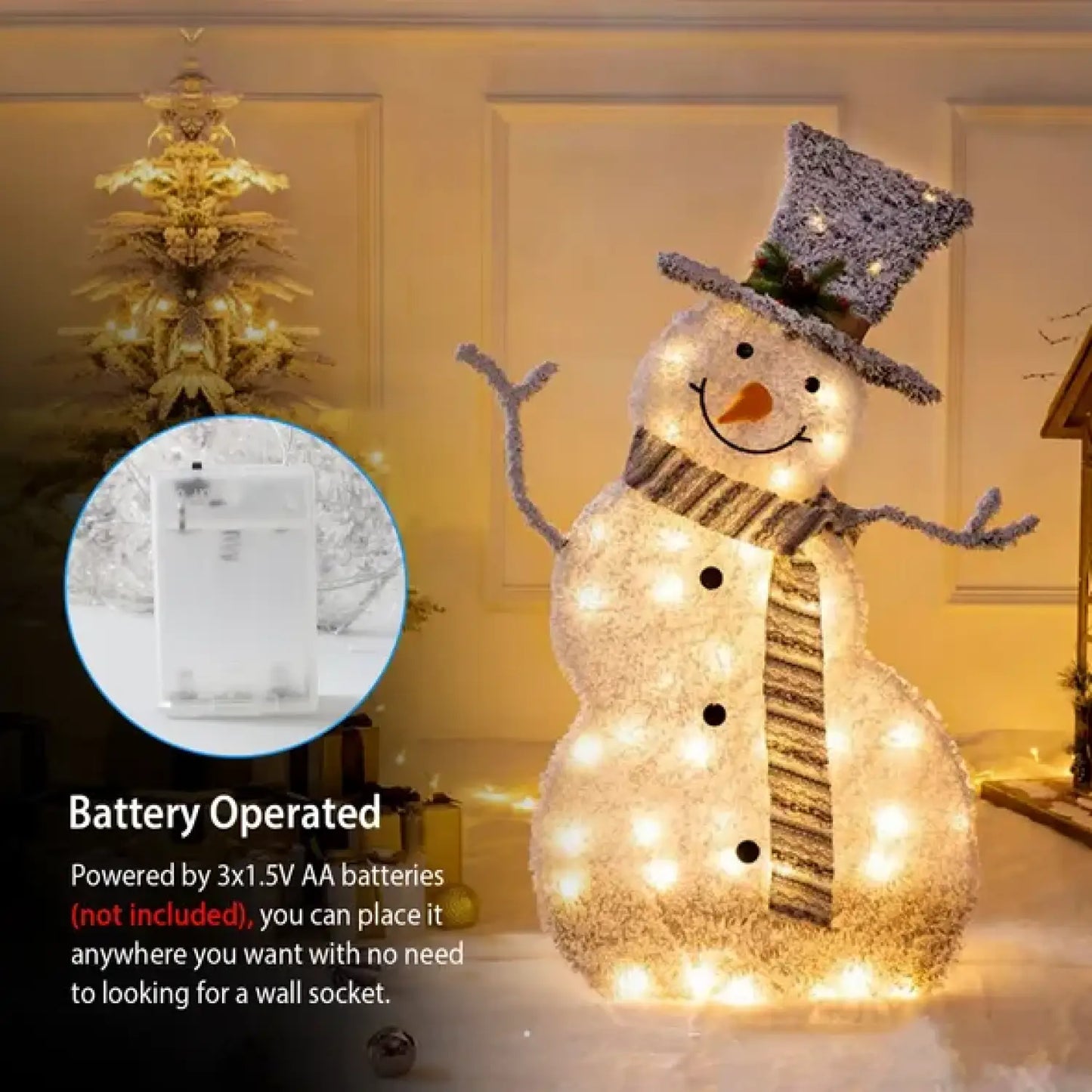 32-Inch Collapsible Snowman That Light Up | Battery Powered LED Christmas Decor - White - Decorative Lights