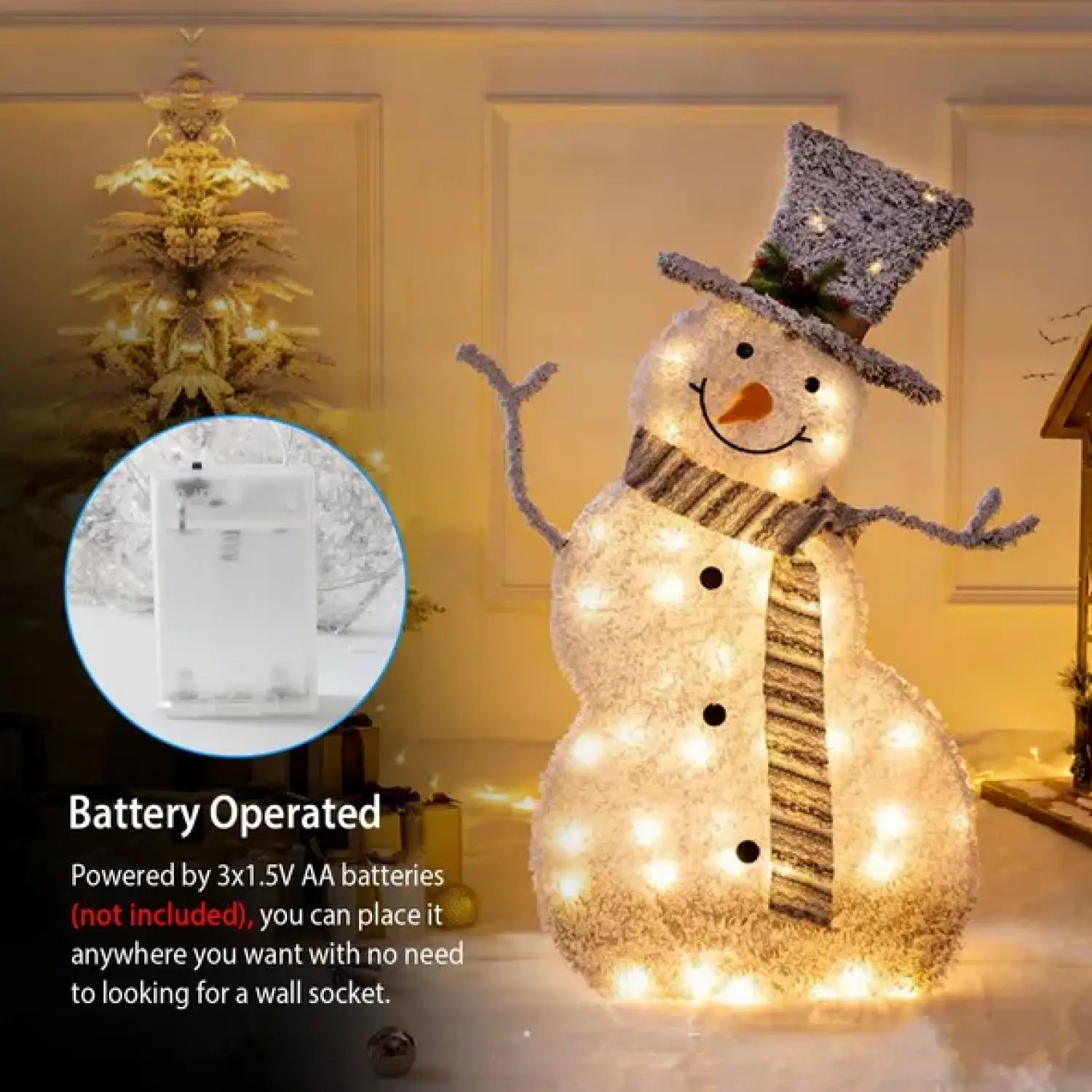 32-Inch Collapsible Snowman That Light Up | Battery Powered LED Christmas Decor - White - Decorative Lights