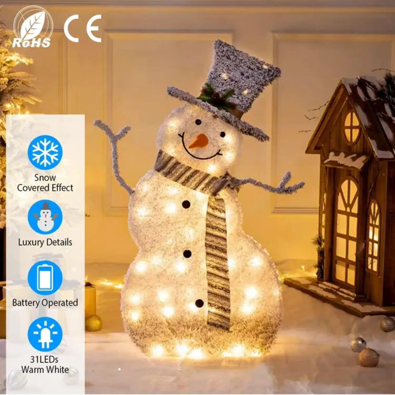 32-Inch Collapsible Snowman That Light Up | Battery Powered LED Christmas Decor - White - Decorative Lights