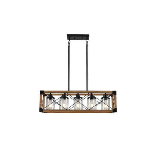 32’’ Walnut Rectangle Pendant Light Hanging Chandelier - Walnut and Black - Hanging Light