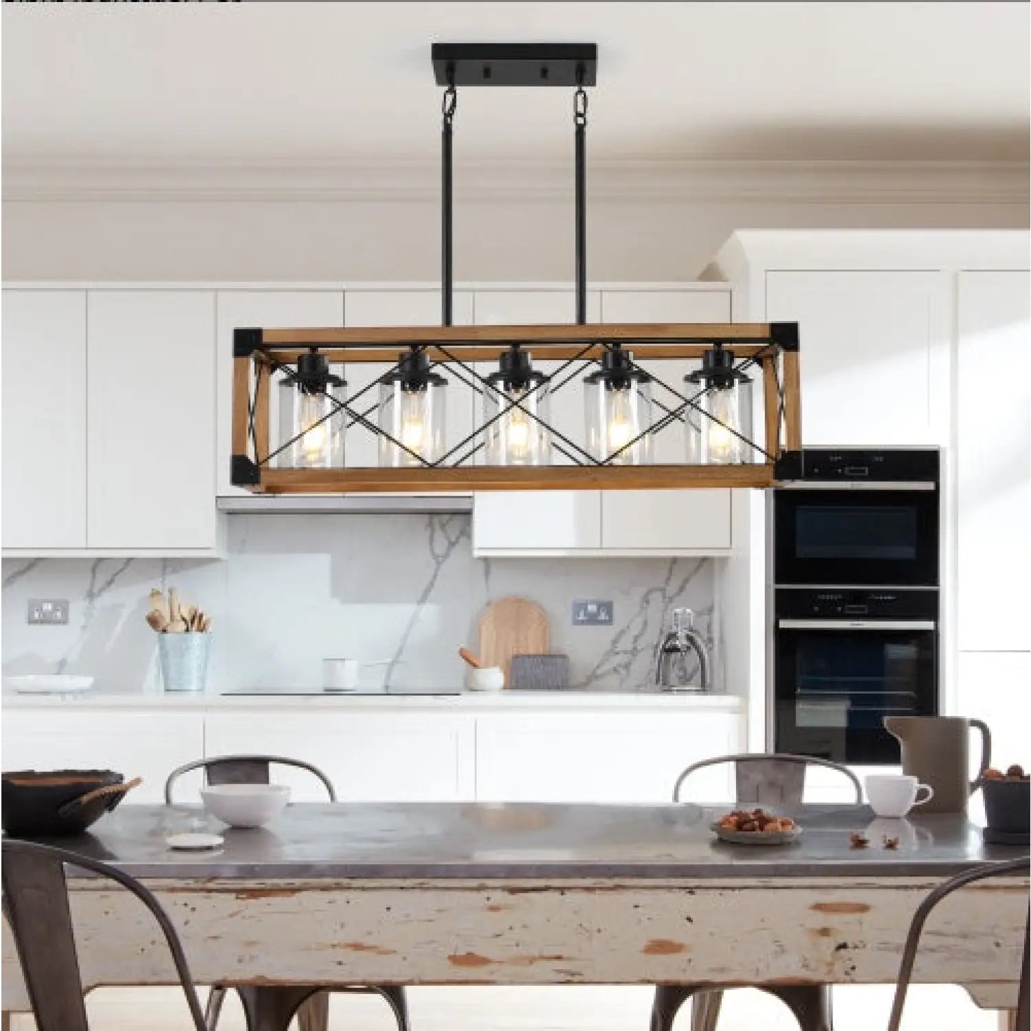 32’’ Walnut Rectangle Pendant Light Hanging Chandelier for Industries & Farmhouse - Walnut and Black - Hanging Light