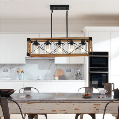 32’’ Walnut Rectangle Pendant Light Hanging Chandelier for Industries & Farmhouse - Walnut and Black - Hanging Light