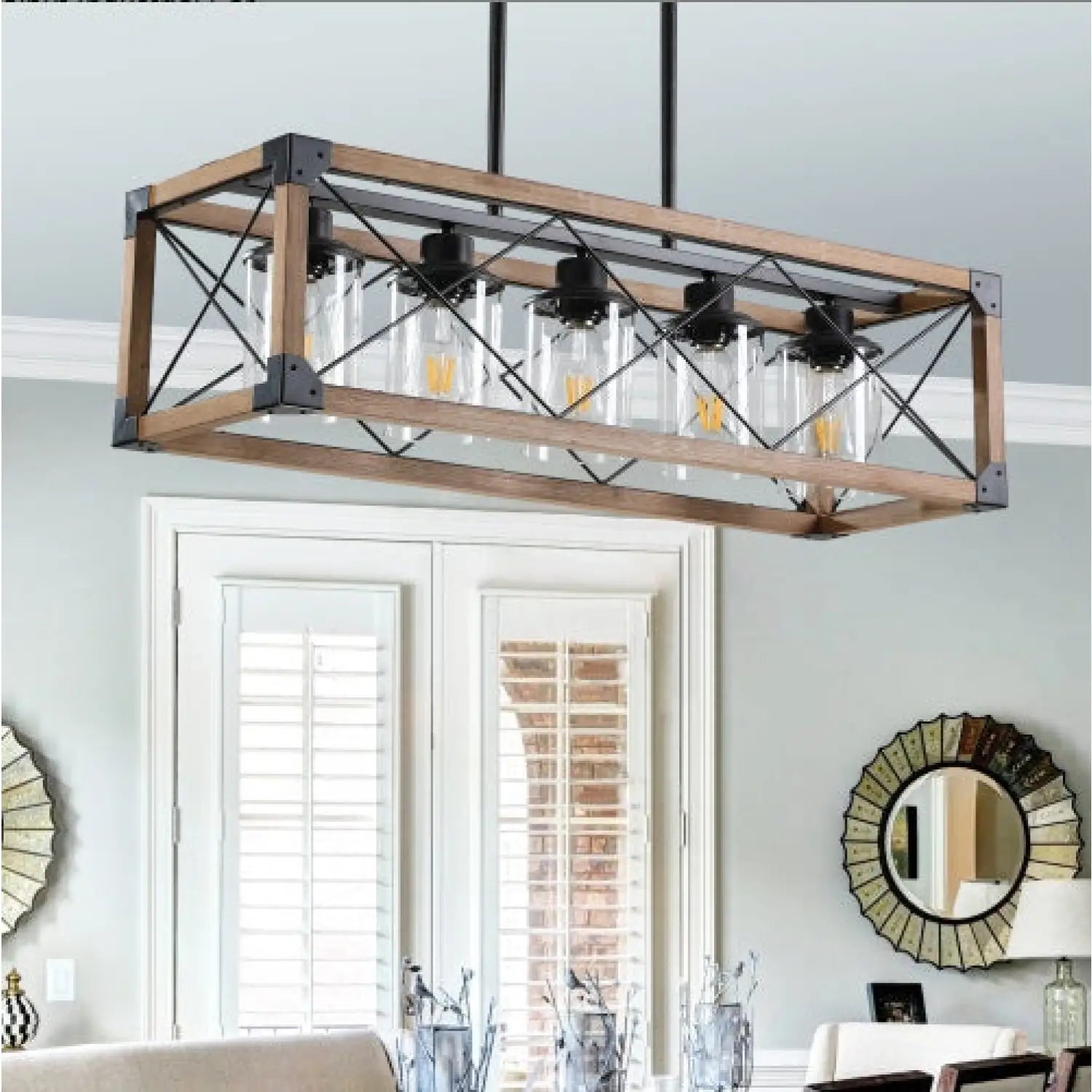32’’ Walnut Rectangle Pendant Light Hanging Chandelier for Industries & Farmhouse - Walnut and Black - Hanging Light
