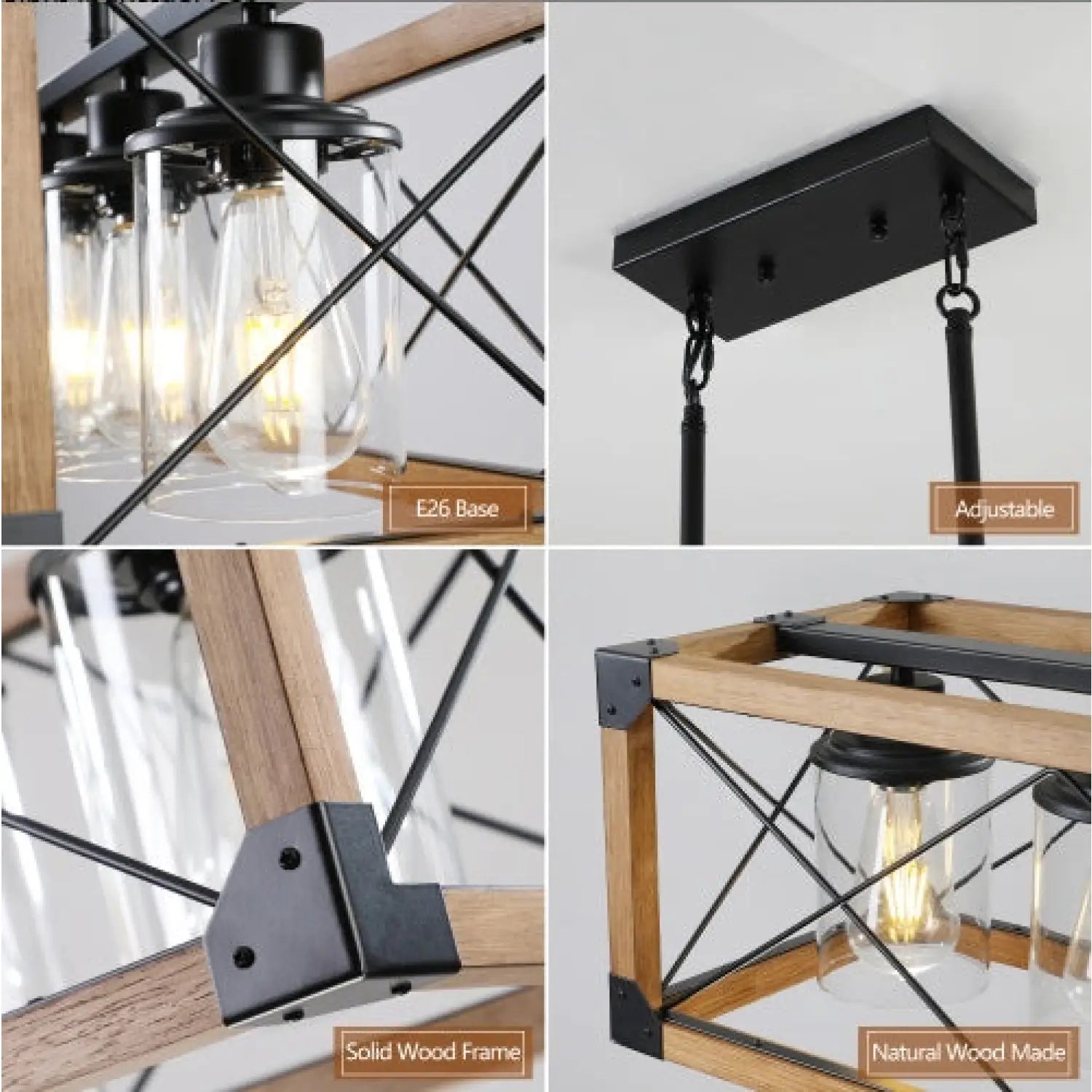 32’’ Walnut Rectangle Pendant Light Hanging Chandelier for Industries & Farmhouse - Walnut and Black - Hanging Light