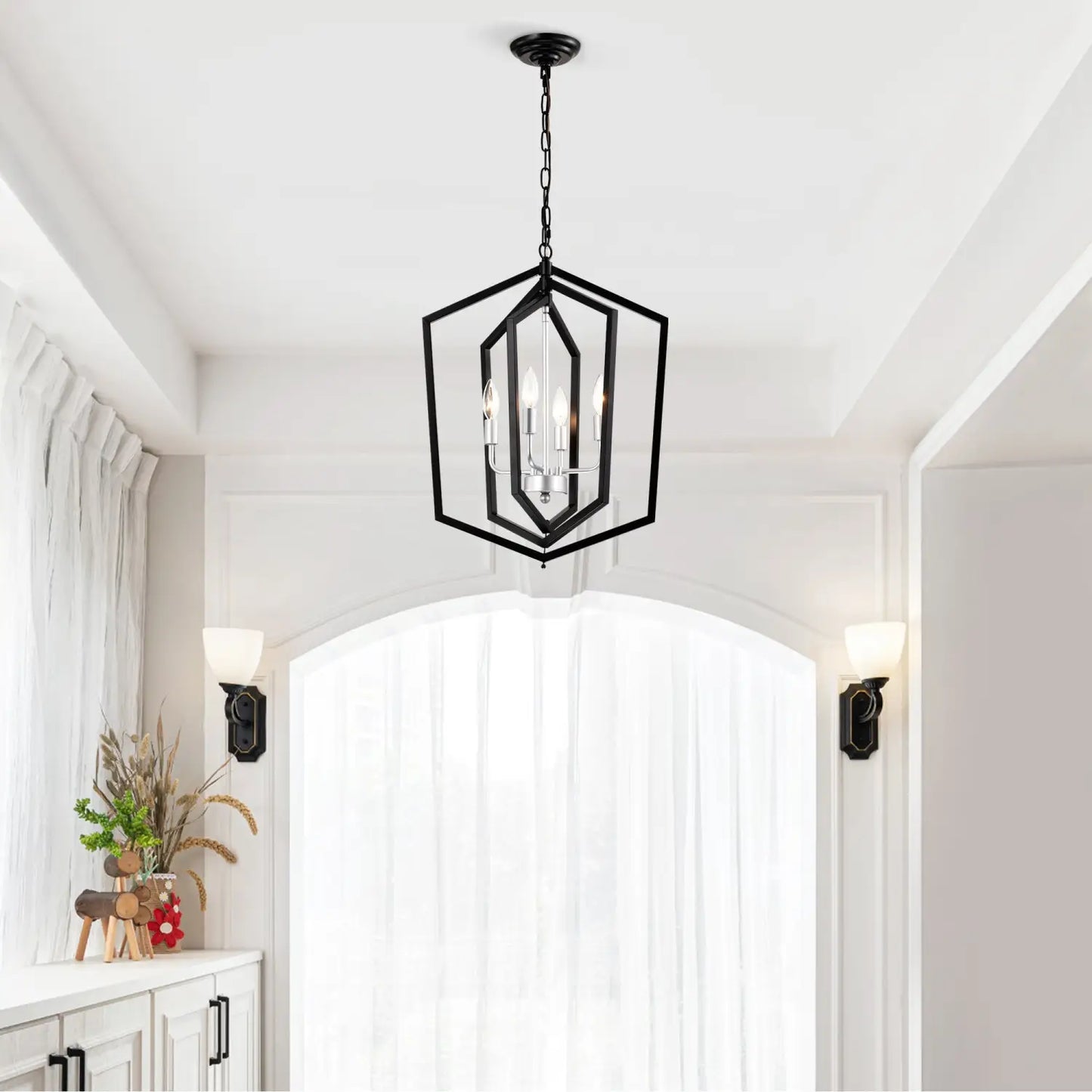4 Light Farmhouse Kitchen Chandeliers Matte Black And Sliver Vintage Rustic Cage Light Fixture Adjustable Height