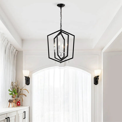 4 Light Farmhouse Kitchen Chandeliers Matte Black And Sliver Vintage Rustic Cage Light Fixture Adjustable Height