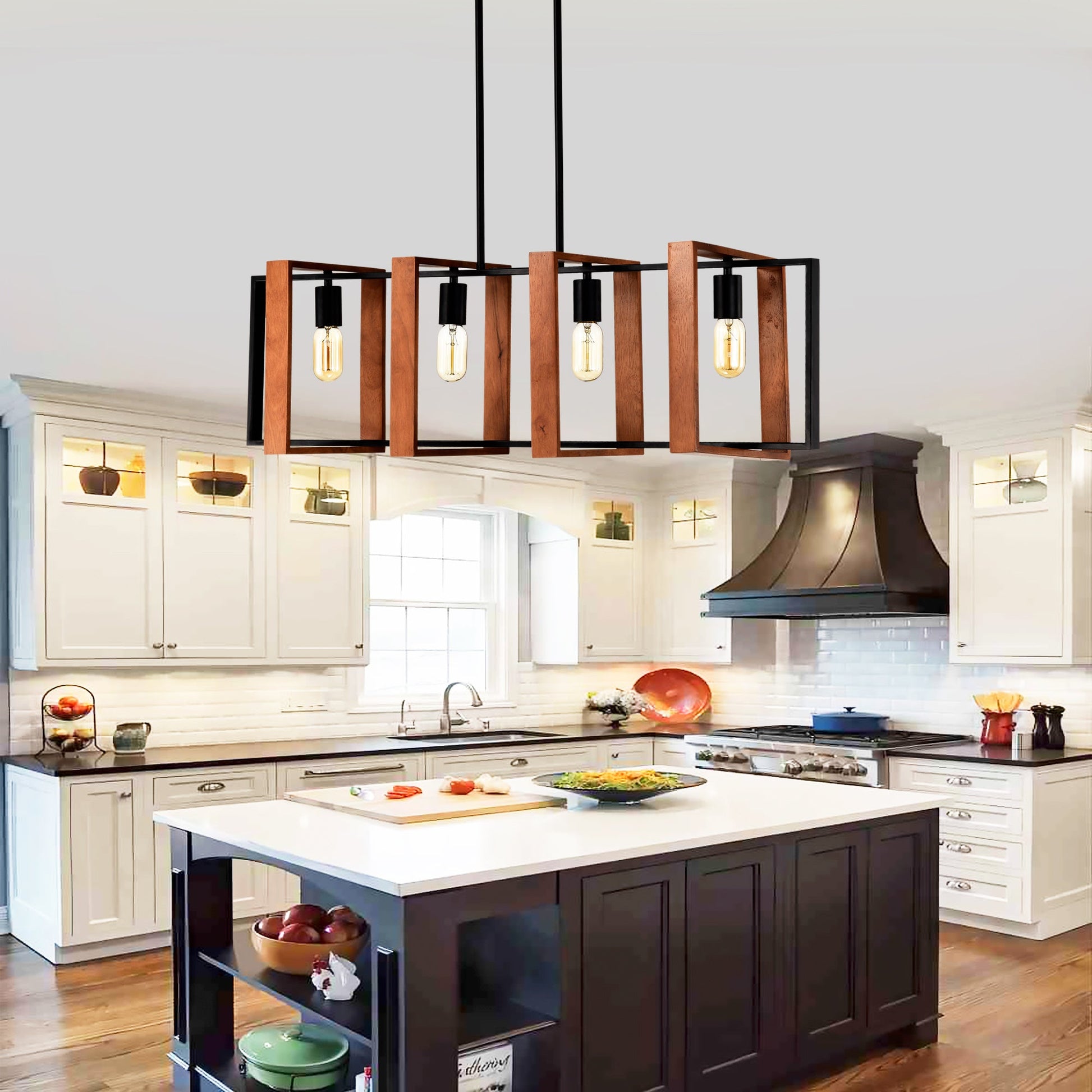 4 Light Kitchen Island Lights Pendant Light Farmhouse Dining Room Light Fixture Rustic Wood And Black Metal Rectangular