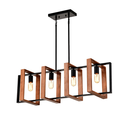 4 Light Kitchen Island Lights Pendant Light Farmhouse Dining Room Light Fixture Rustic Wood And Black Metal Rectangular