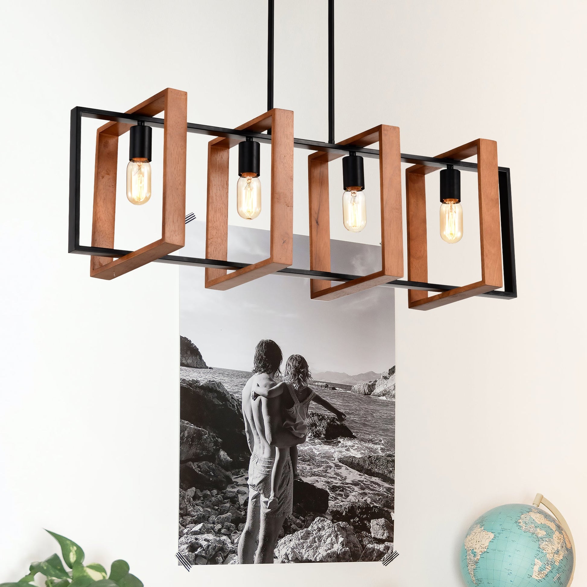 4 Light Kitchen Island Lights Pendant Light Farmhouse Dining Room Light Fixture Rustic Wood And Black Metal Rectangular