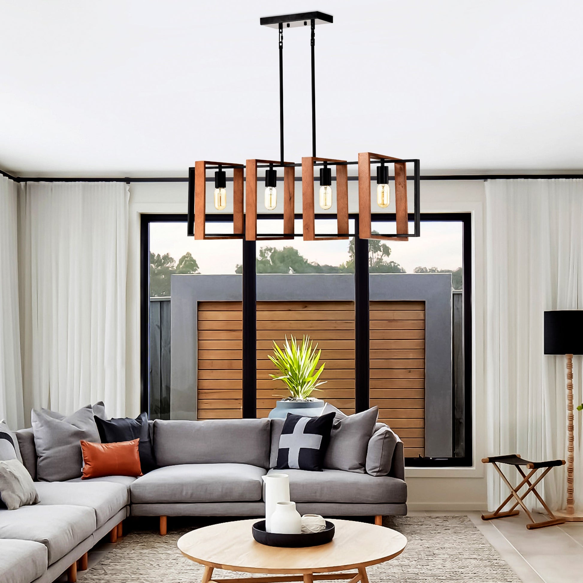 4 Light Kitchen Island Lights Pendant Light Farmhouse Dining Room Light Fixture Rustic Wood And Black Metal Rectangular