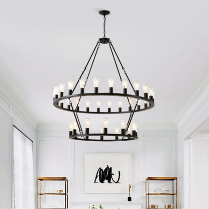 48 Inch Black Extra Large Wagon Wheel Chandelier 2 Tier 36 Lights No Include Farmhouse Industrial Round High Ceiling