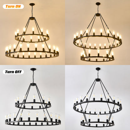 48 Inch Black Extra Large Wagon Wheel Chandelier 2 Tier 36 Lights No Include Farmhouse Industrial Round High Ceiling