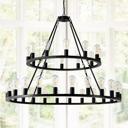 48 Inch Black Extra Large Wagon Wheel Chandelier 2 Tier 36 Lights No Include Farmhouse Industrial Round High Ceiling