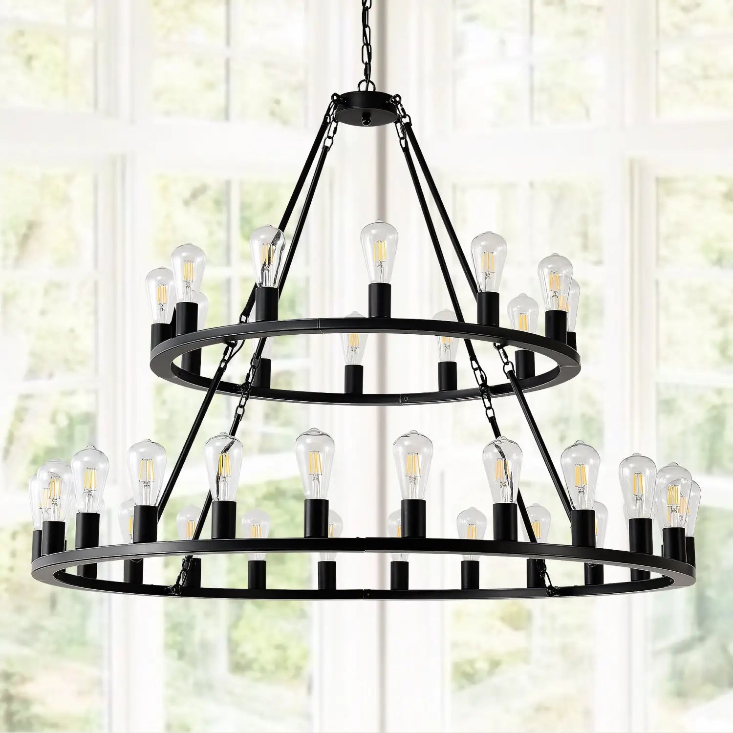 48 Inch Black Extra Large Wagon Wheel Chandelier 2 Tier 36 Lights No Include Farmhouse Industrial Round High Ceiling