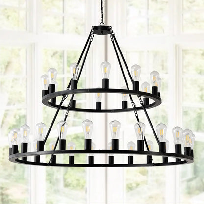 48 Inch Black Extra Large Wagon Wheel Chandelier 2 Tier 36 Lights No Include Farmhouse Industrial Round High Ceiling