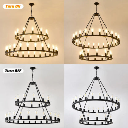 48 Inch Black Extra Large Wagon Wheel Chandelier 2 Tier 36 Lights No Include Farmhouse Industrial Round High Ceiling