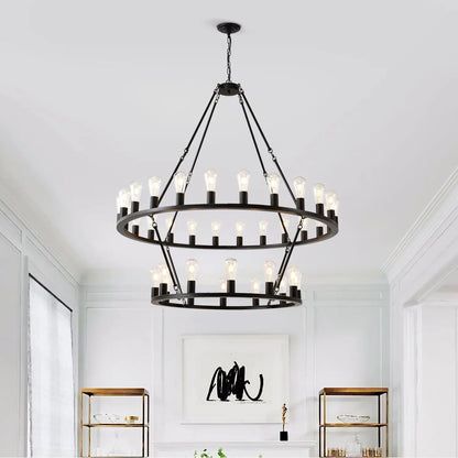 48 Inch Black Extra Large Wagon Wheel Chandelier 2 Tier 36 Lights No Include Farmhouse Industrial Round High Ceiling