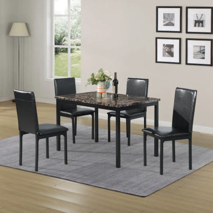 5-Piece Black Dining Table Set with Marble Style Top - Table and chair set - Dining Table