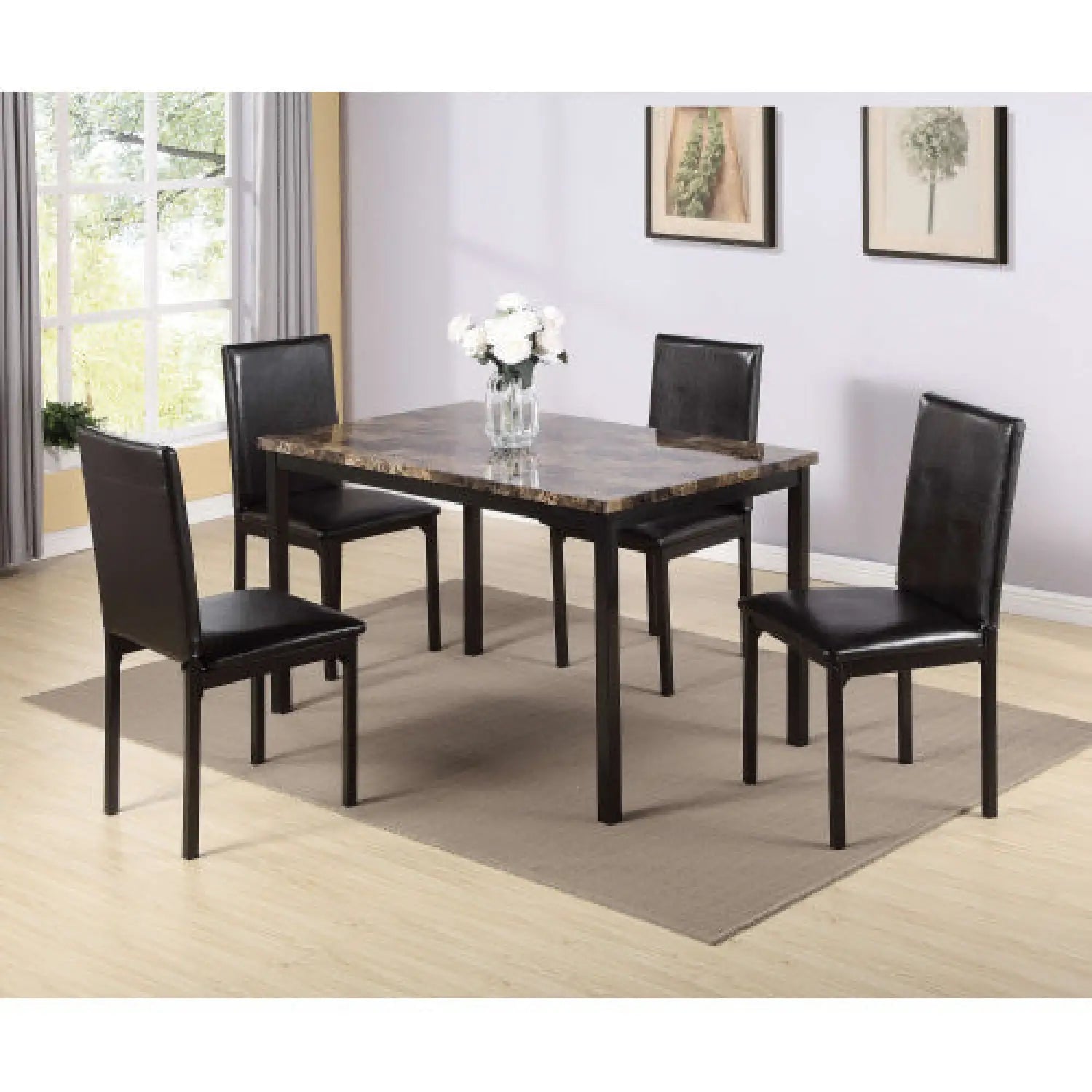 5-Piece Black Dining Table Set with Marble Style Top - Table and chair set - Dining Table