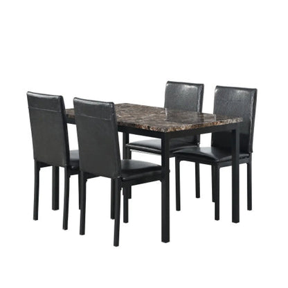 5-Piece Black Dining Table Set with Marble Style Top - Table and chair set - Dining Table