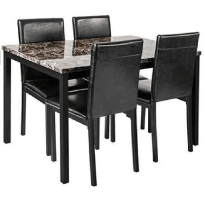 5-Piece Black Dining Table Set with Marble Style Top - Table and chair set - Dining Table