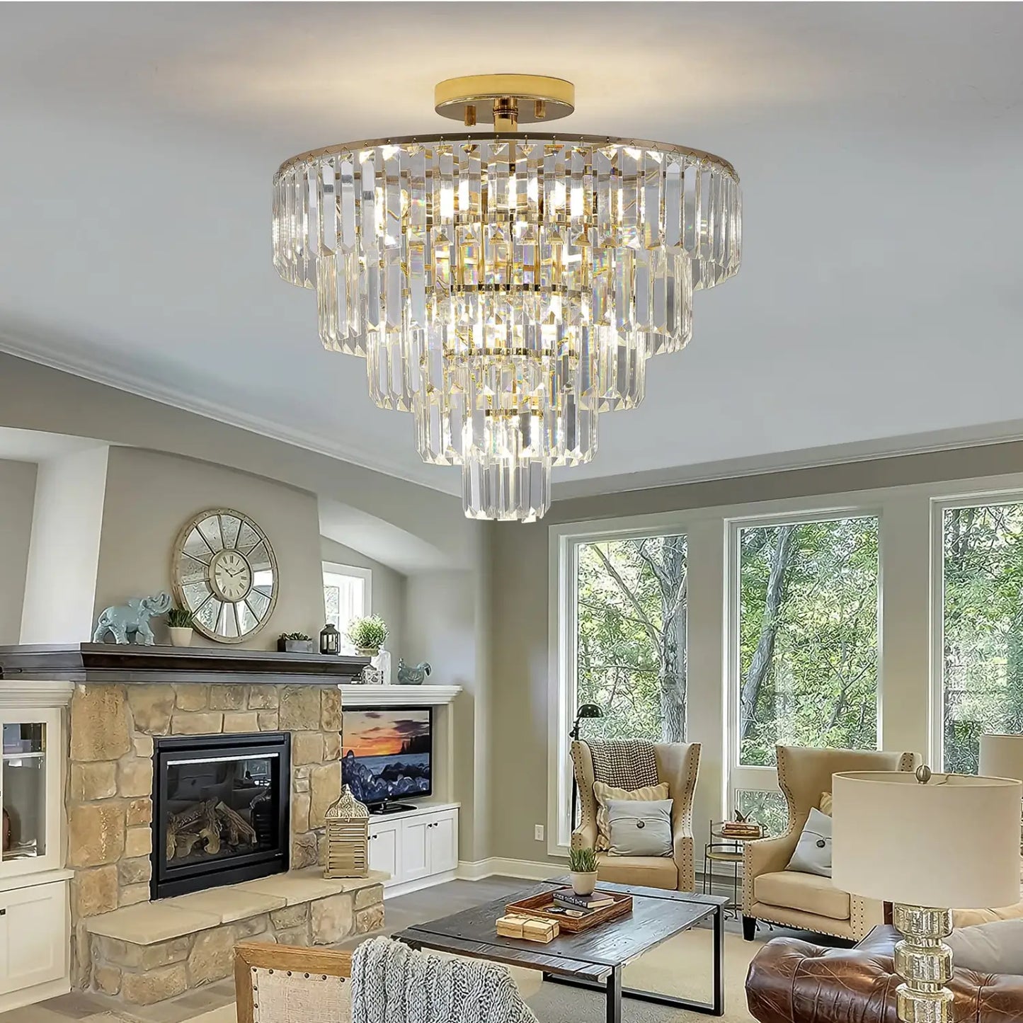 5 Tier Golden Crystal Chandelier Light Ceiling for Modern Interior Design - 12V Hanging Light