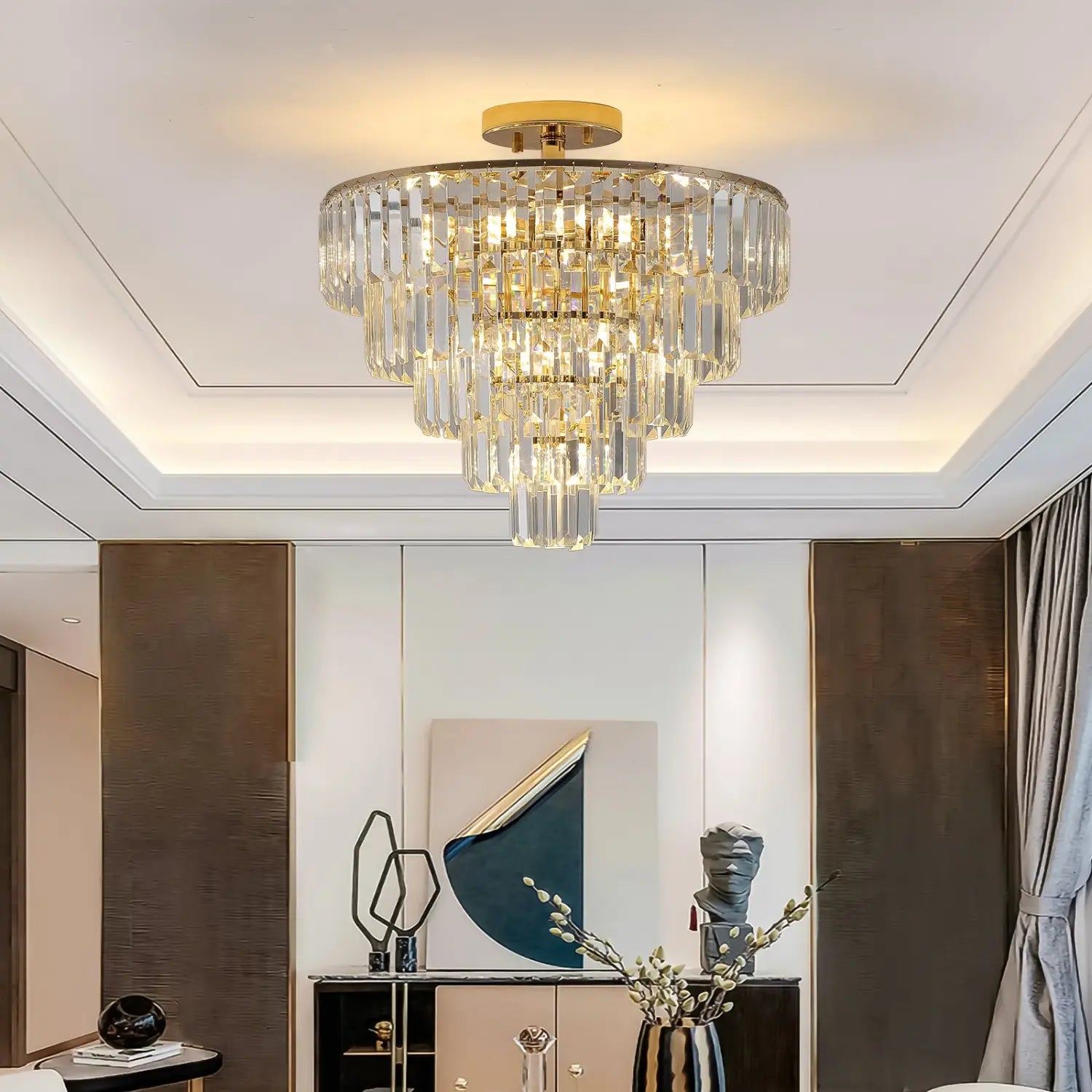 5 Tier Golden Crystal Chandelier Light Ceiling for Modern Interior Design - 12V Hanging Light