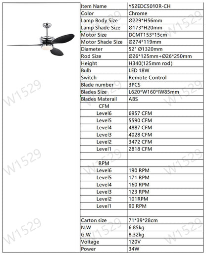 52’’ ABS Blades Ceiling Fan With Lights And DC Remote DC Motor Modern Ceiling Fan With 3 ABS Fan Blades & 2 Down Rods