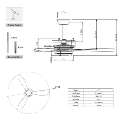 52’’ ABS Blades Ceiling Fan With Lights And DC Remote DC Motor Modern Ceiling Fan With 3 ABS Fan Blades & 2 Down Rods