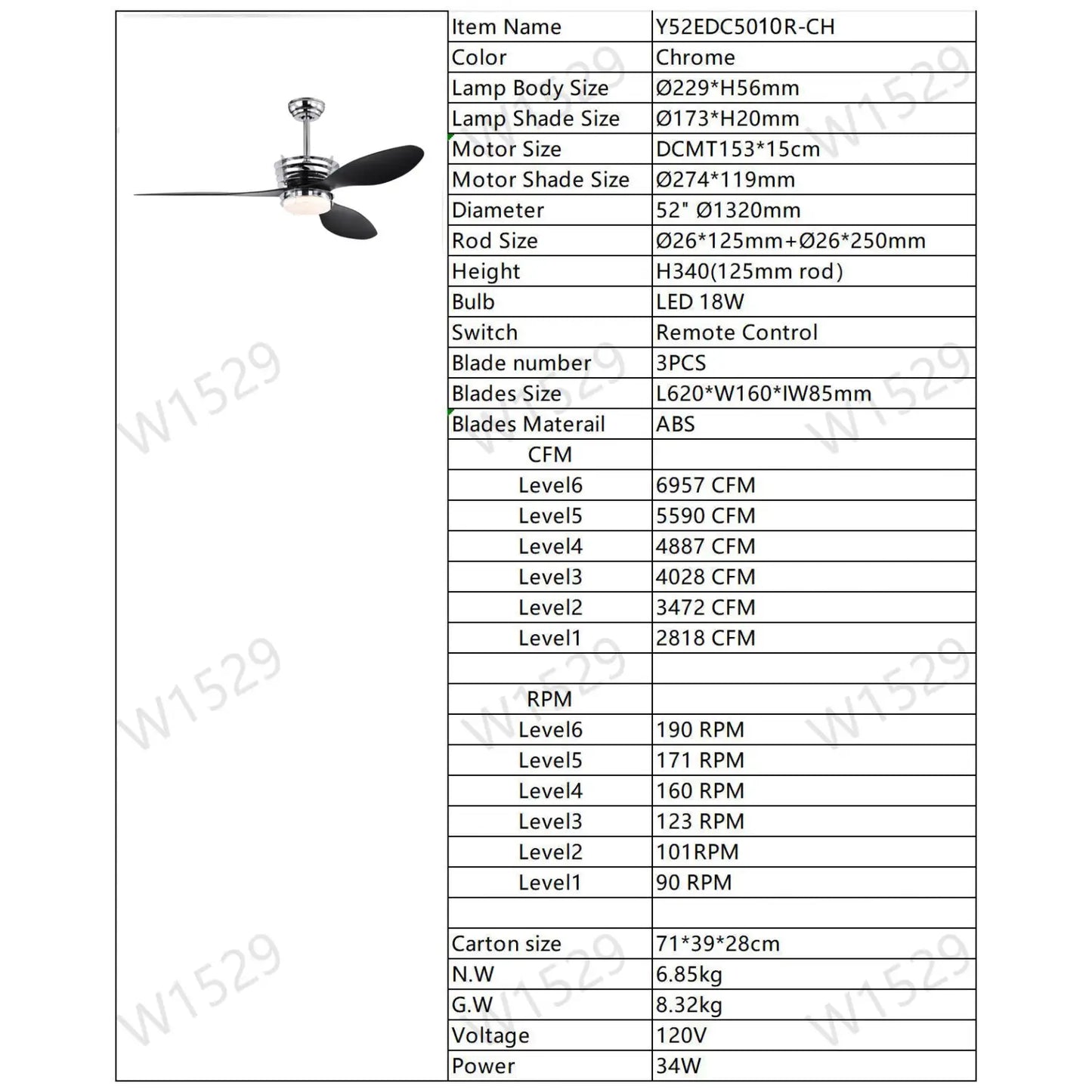 52’’ ABS Blades Ceiling Fan With Lights And DC Remote DC Motor Modern Ceiling Fan With 3 ABS Fan Blades & 2 Down Rods