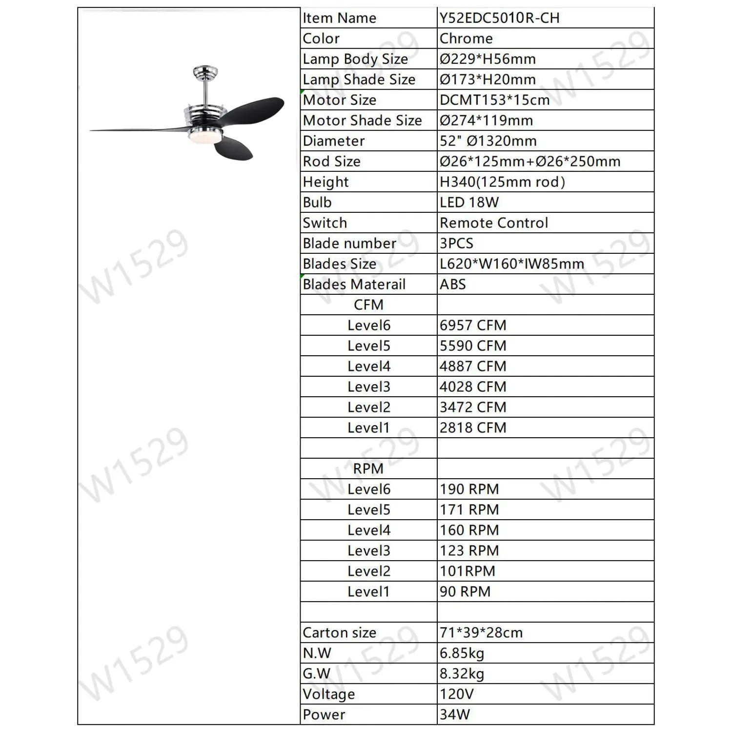 52’’ ABS Blades Ceiling Fan With Lights And DC Remote DC Motor Modern Ceiling Fan With 3 ABS Fan Blades & 2 Down Rods