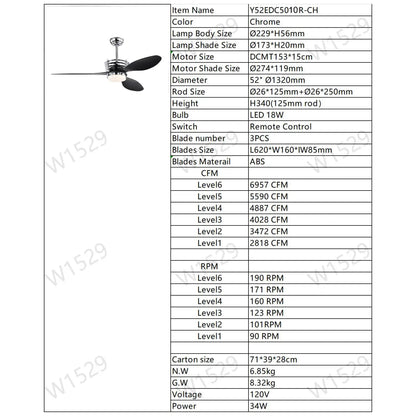 52’’ ABS Blades Ceiling Fan With Lights And DC Remote DC Motor Modern Ceiling Fan With 3 ABS Fan Blades & 2 Down Rods