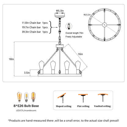 8 Light No Bulbs Matte Black Wagon Wheel Chandelier Farmhouse Modern Small Round Chandelier For Living Room Kitchen