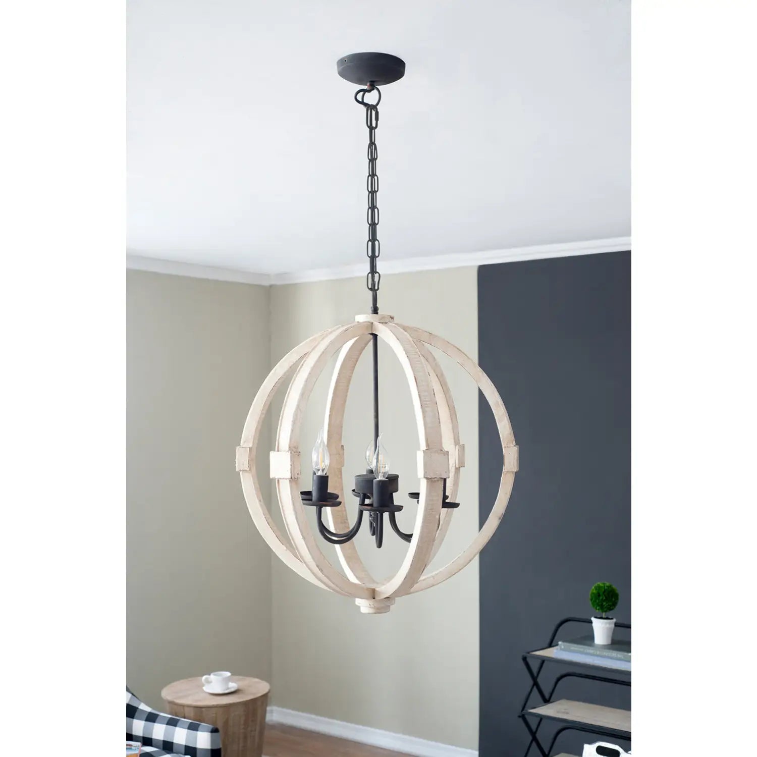 6-Light Wood Chandelier with Adjustable Chain for Kitchen & Entry - White - Hanging Light
