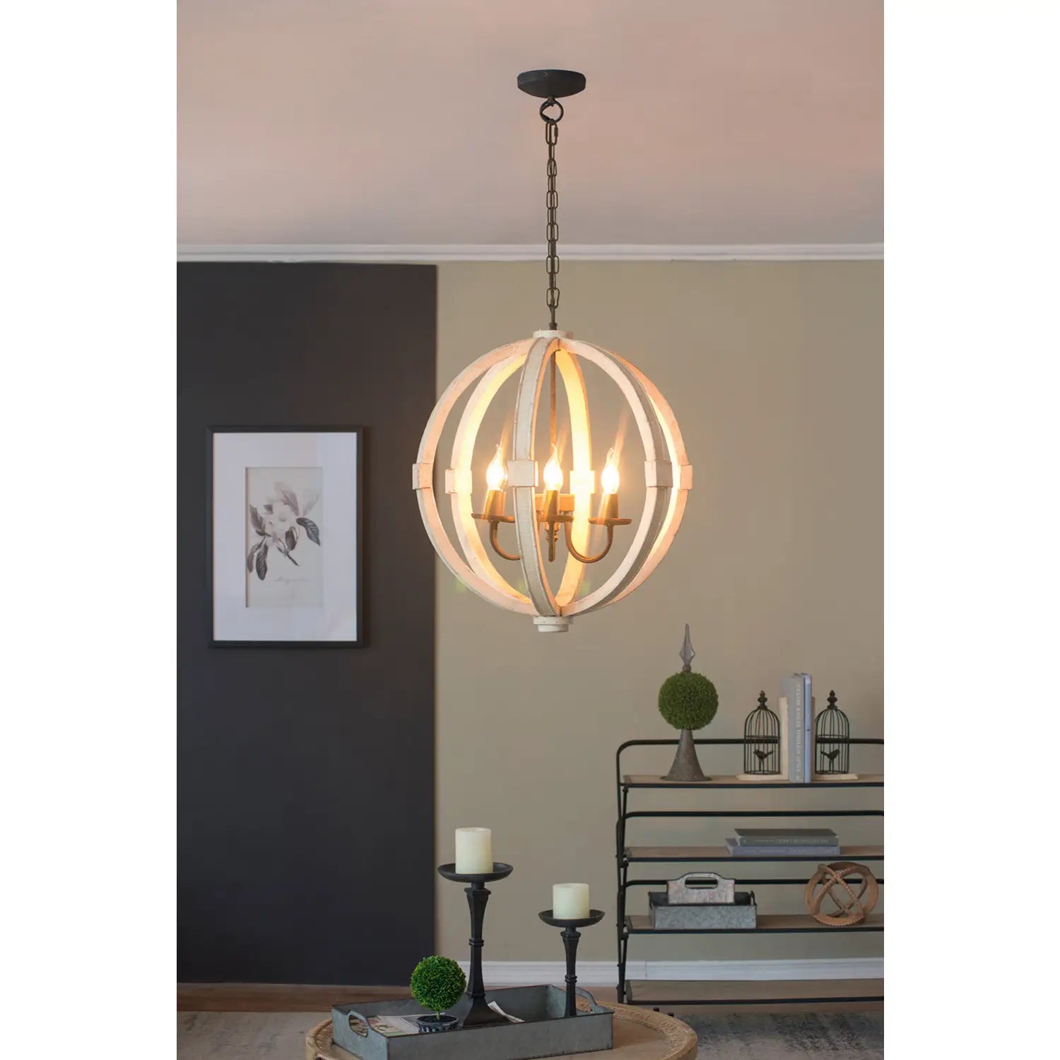 6-Light Wood Chandelier with Adjustable Chain for Kitchen & Entry - White - Hanging Light