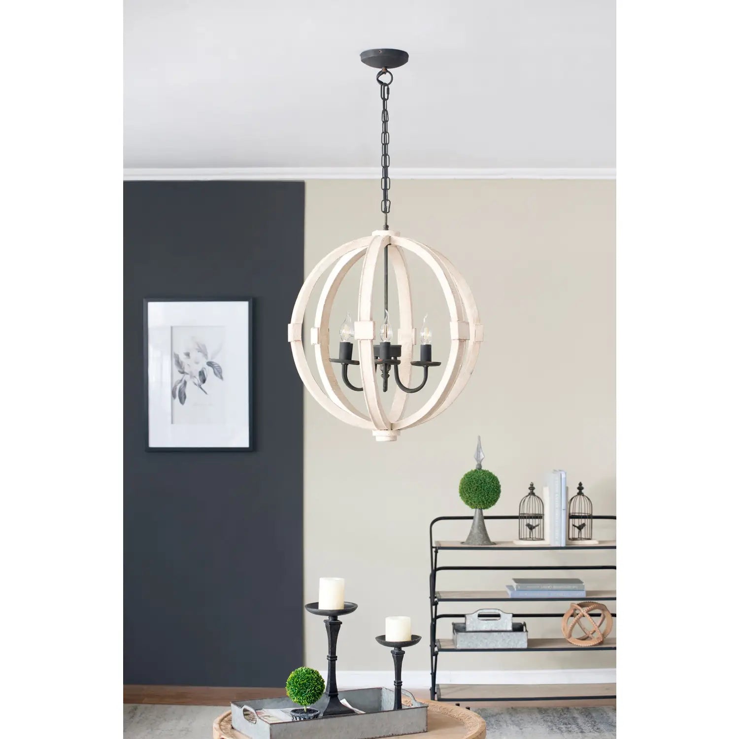 6-Light Wood Chandelier with Adjustable Chain for Kitchen & Entry - White - Hanging Light
