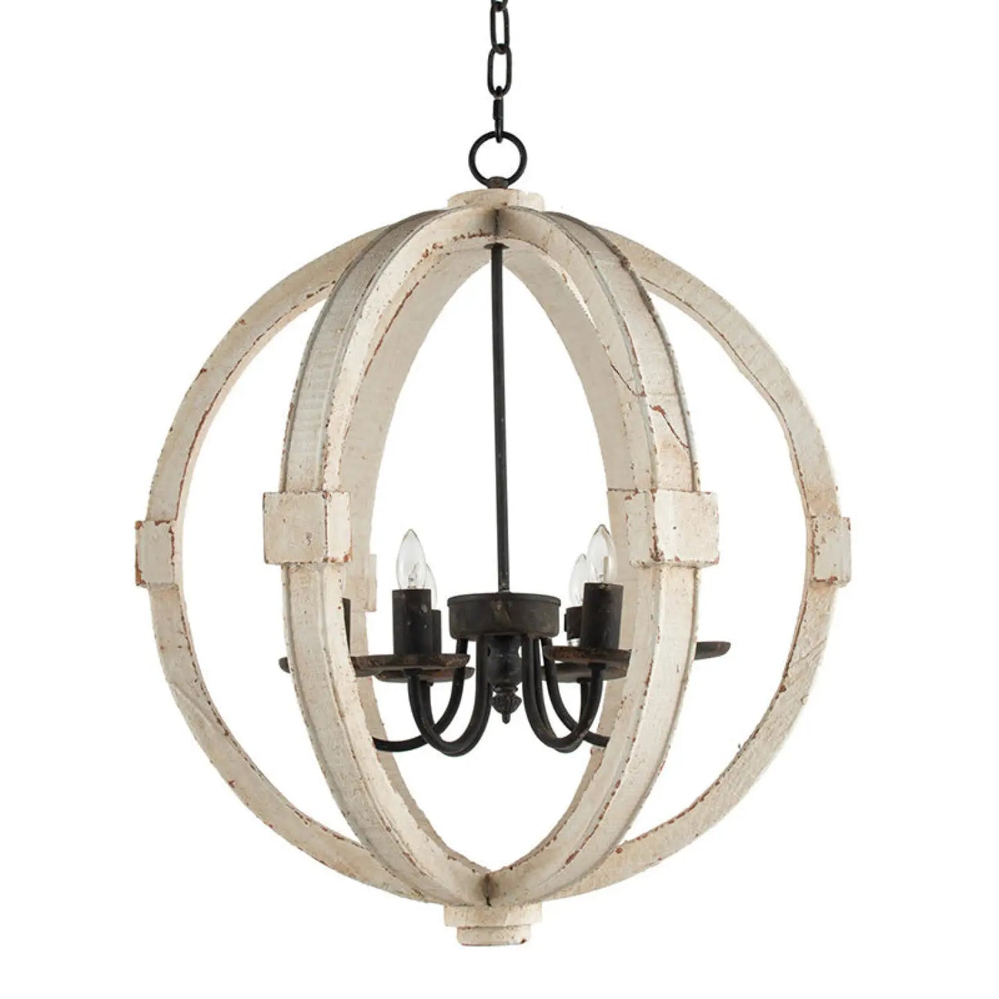 6-Light Wood Chandelier with Adjustable Chain for Kitchen & Entry - White - Hanging Light