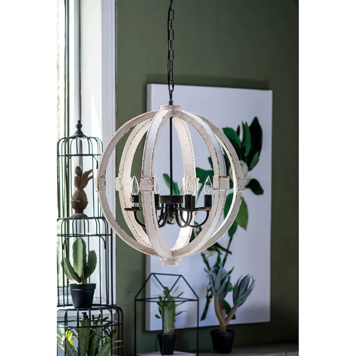 6-Light Wood Chandelier with Adjustable Chain for Kitchen & Entry - White - Hanging Light