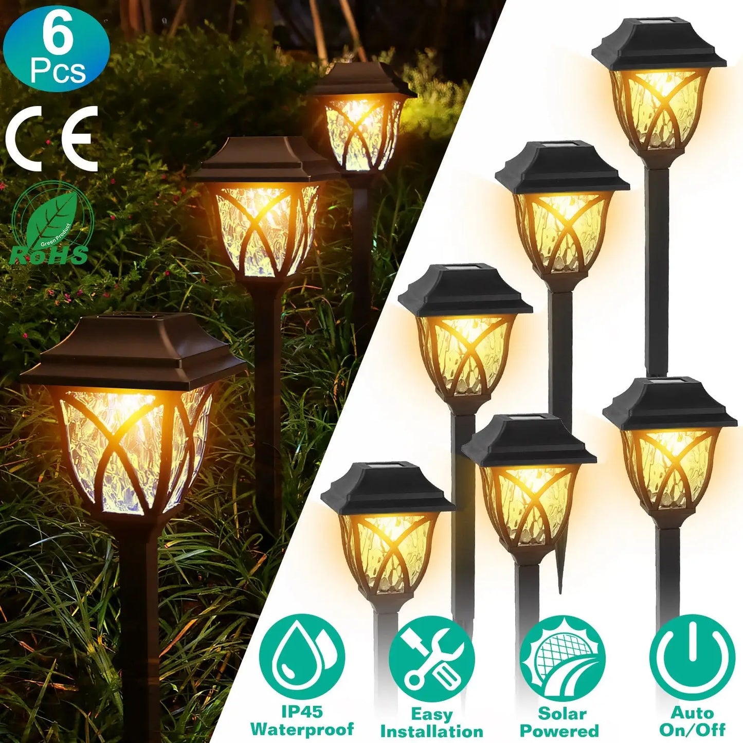 6Pack Solar Powered Stake Light Outdoor Decorative Landscape Lamp IP45 Waterproof Auto On Off Outdoor Light For Pathway