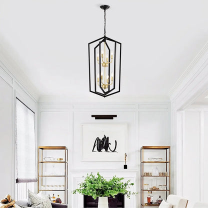 8 Light Farmhouse Hanging Lights Living Room Chandelier with Lantern Frame Matte Black Hanging Light