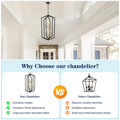 8 Light Farmhouse Hanging Lights Living Room Chandelier with Lantern Frame Matte Black Hanging Light