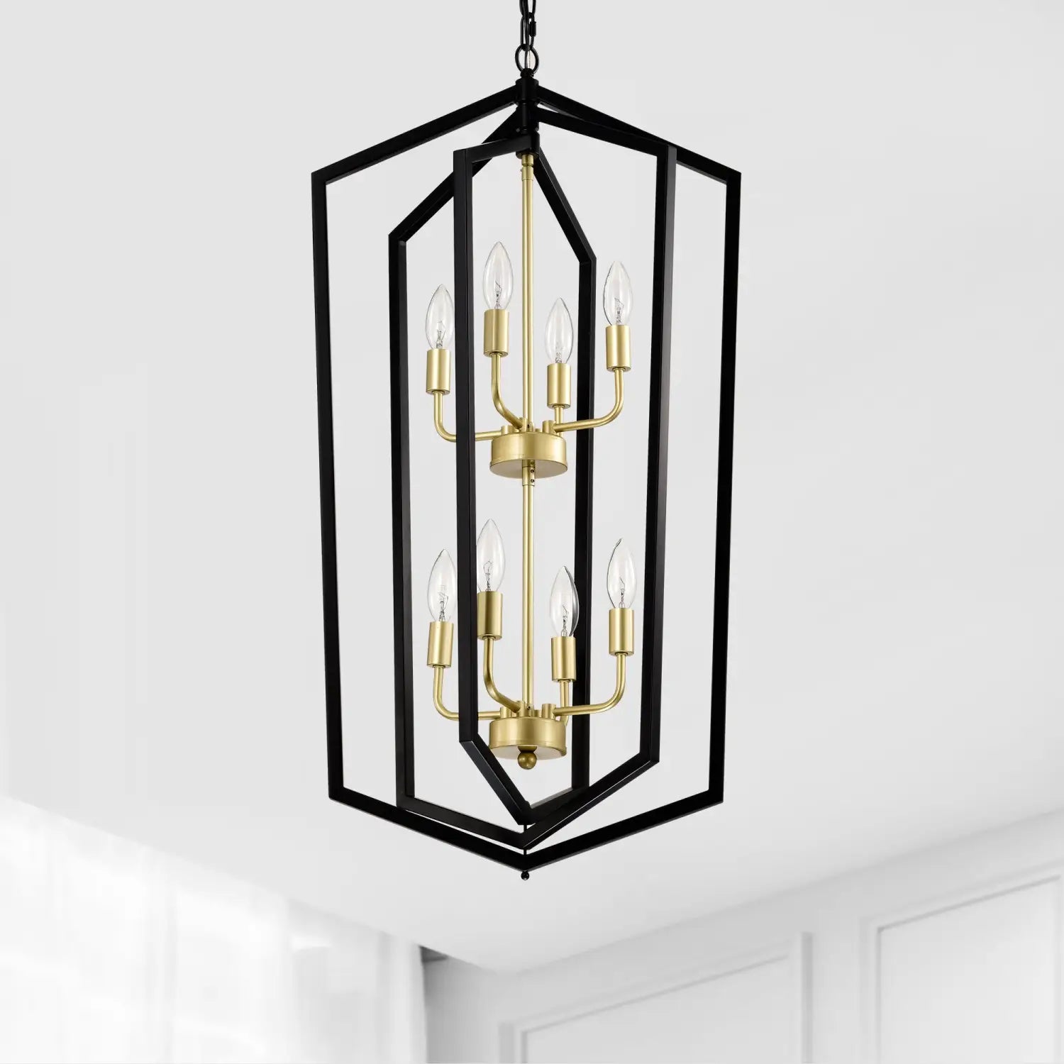 8 Light Farmhouse Hanging Lights Living Room Chandelier with Lantern Frame Matte Black Hanging Light