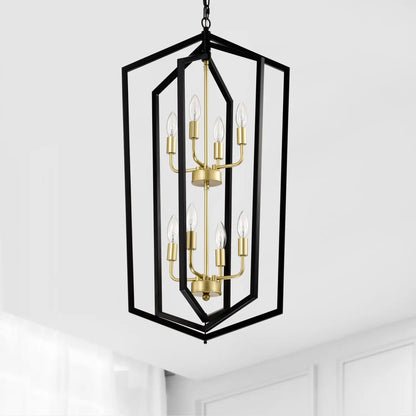 8 Light Farmhouse Hanging Lights Living Room Chandelier with Lantern Frame Matte Black Hanging Light