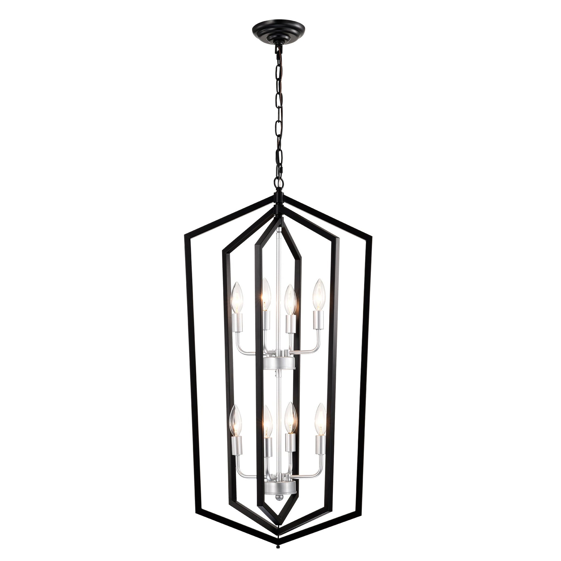 8 Light Farmhouse Kitchen Chandeliers Matte Black And Sliver Vintage Rustic Cage Light Fixture Adjustable Height